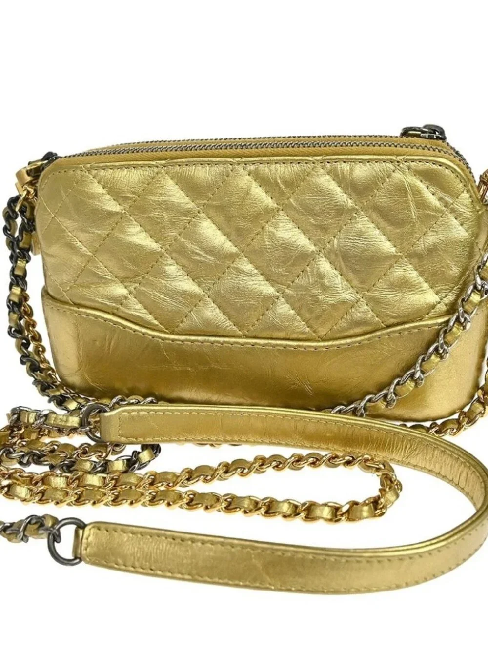 Chanel Gold Lambskin Double Zip Chain WOC Shoulder Bag